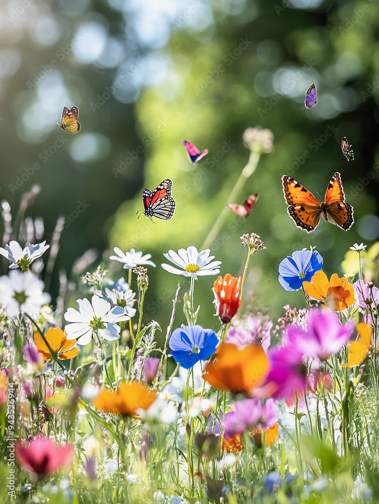 Flower meadow in spring, wildflowers in full bloom, a mix of colorful petals Flower meadow in spring, wildflowers in full bloom, a mix of colorful petals