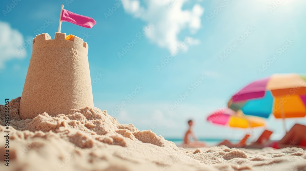 A group of friends laughing and building a sandcastle on a sandy beach, with vibrant beach towels and umbrellas nearby. A group of friends laughing and building a sandcastle on a sandy beach, with vibrant beach towels and umbrellas nearby.
