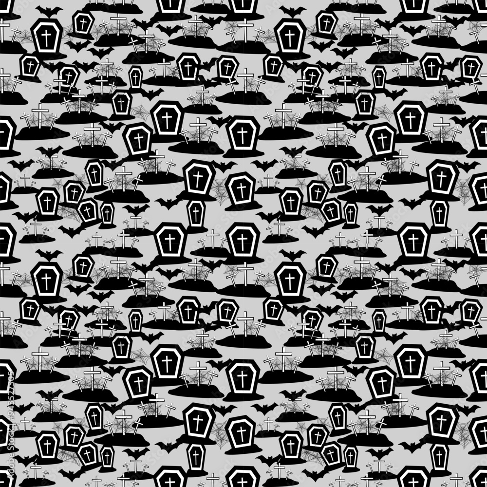 Obraz premium Spooky Black and White Halloween Seamless pattern vector illustration Coffins, Bats, and Gravestones on Gray Background for Festive Seasonal Designs great for Halloween decor, textile, scrapbook