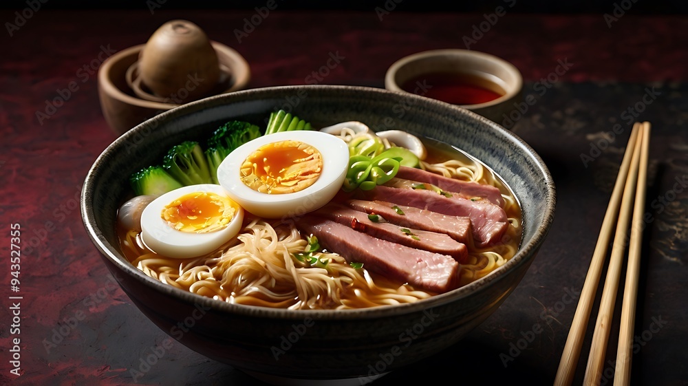 Delicious Japanese Ramen with chicken, Mushrooms, Eggs, noodles, meat in bowl Delicious Japanese Ramen with chicken, Mushrooms, Eggs, noodles, meat in bowl