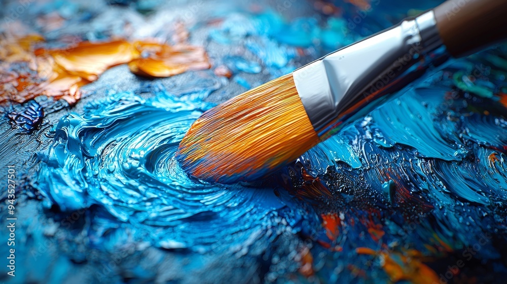 Fototapeta premium Closeup of Paintbrush on Palette with Blue and Orange Oil Paints