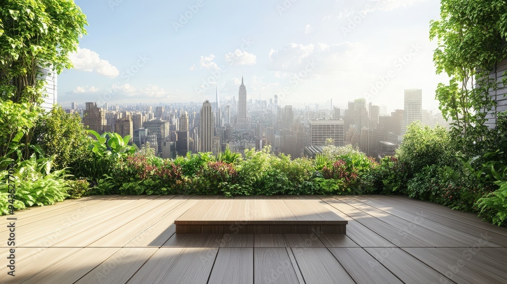 Wooden podium in a vibrant rooftop garden, surrounded by greenery, offering a stunning view of the city skyline, with designated area for text on the left side Wooden podium in a vibrant rooftop garden, surrounded by greenery, offering a stunning view of the city skyline, with designated area for text on the left side