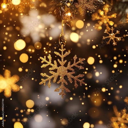 Merry Christmas shining celeration with motion light and gold snowflakes.generative ai photo