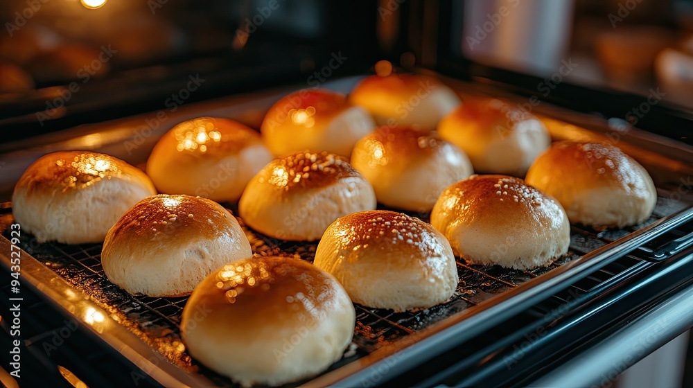 An inviting kitchen scene with a baking sheet of homemade buns in the oven, the tops turning golden brown, perfect for any family meal An inviting kitchen scene with a baking sheet of homemade buns in the oven, the tops turning golden brown, perfect for any family meal