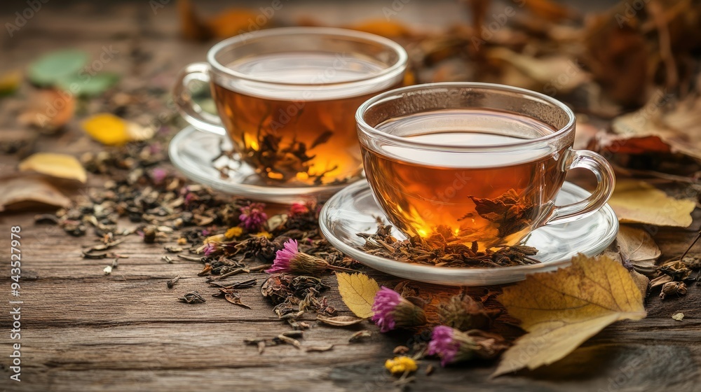 An inviting scene with two tea cups filled with Chernobrovtsi herbal tea, dried flowers, and autumn leaves, arranged on a rustic wooden table, highlighting the benefits of herbal teas An inviting scene with two tea cups filled with Chernobrovtsi herbal tea, dried flowers, and autumn leaves, arranged on a rustic wooden table, highlighting the benefits of herbal teas