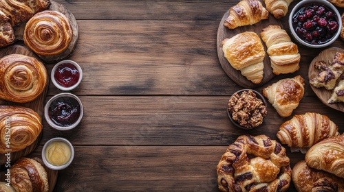 An inviting spread of different pastries, from flaky croissants to jam-filled danishes, on a wooden table, with space for text at the side or top