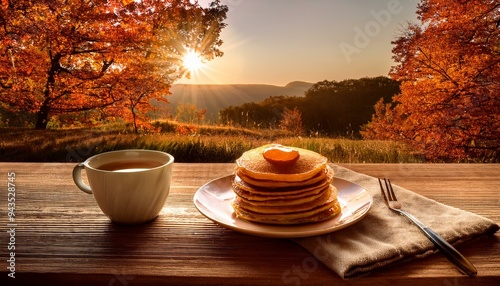 A Heartwarming Autumn Breakfast: Pumpkin Pancakes and Coffee in a Seasonal Setting. Generative AI
