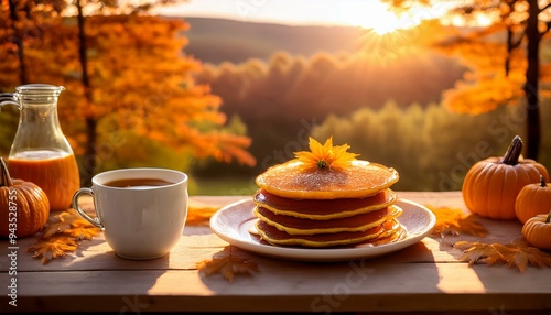 Autumn Breakfast Bliss: Pumpkin Pancakes with Maple Syrup and Hot Coffee in a Cozy Fall Setting. Generative AI