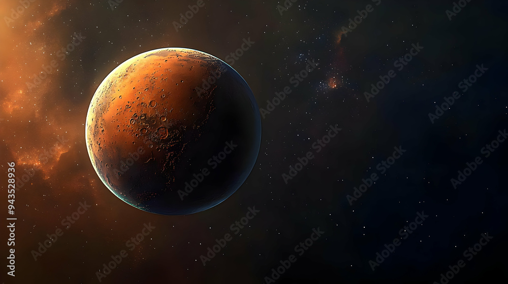 A close-up of Mars, the fourth planet from the Sun, in space with a background of stars and nebula.