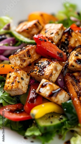 Tofu salad with balsamic dressing, vibrant vegetables, and fresh greens