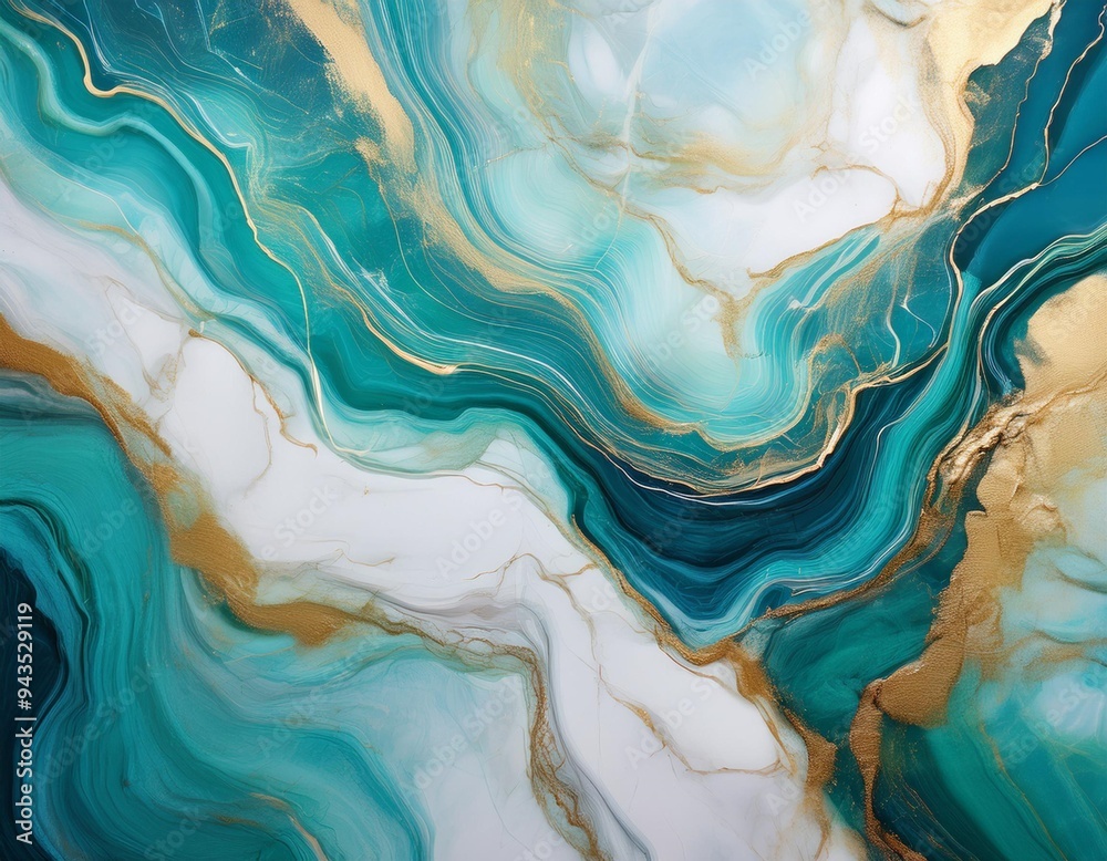 Fototapeta premium Abstract Marble Pattern with Turquoise, Teal, and Gold Veins, Evoking Organic Fluidity and Luxurious Opulence