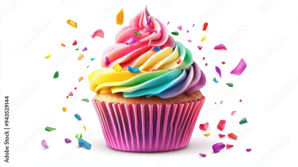 A cupcake with rainbow frosting, dessert element, flat design, bright and cheerful, isolated on white background A cupcake with rainbow frosting, dessert element, flat design, bright and cheerful, isolated on white background
