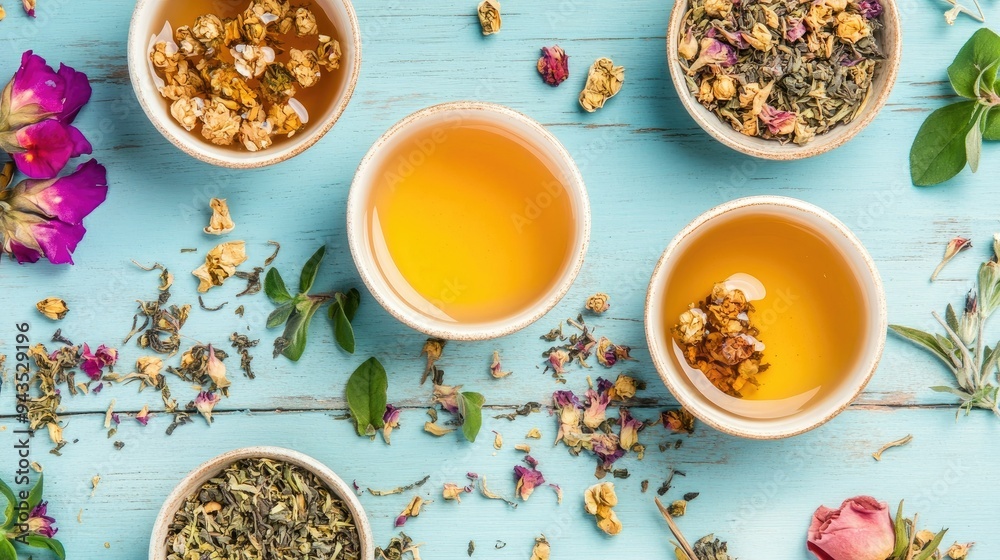An overhead shot of tea cups filled with Mary's Gold herbal tea, with dried flowers scattered on a vintage wooden background, perfect for promoting the health benefits of natural remedies An overhead shot of tea cups filled with Mary's Gold herbal tea, with dried flowers scattered on a vintage wooden background, perfect for promoting the health benefits of natural remedies