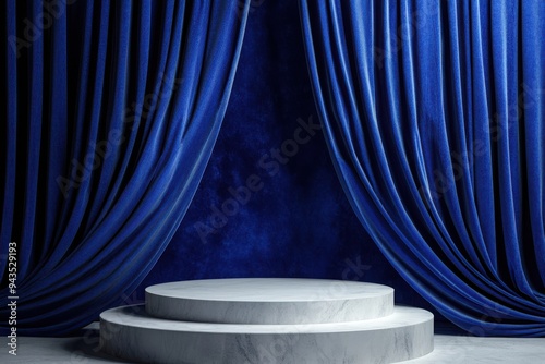 Elegant podium adorned with smooth white stone, complemented by rich royal blue silk curtains, providing a refined setting for presentations and announcements.