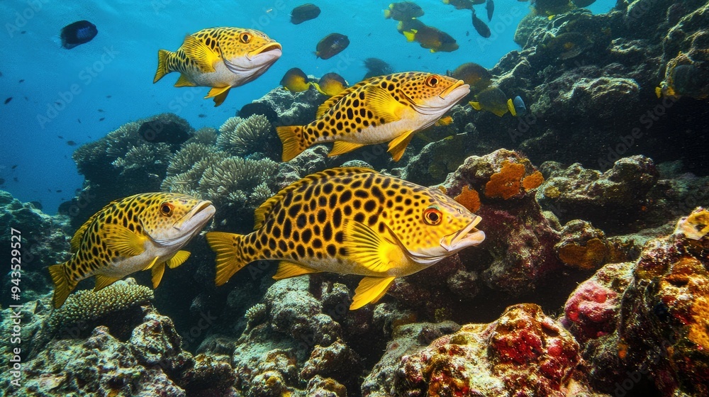 An underwater photograph of a school of sweetlips fish swimming against a backdrop of diverse coral formations in the warm waters of Hawaii An underwater photograph of a school of sweetlips fish swimming against a backdrop of diverse coral formations in the warm waters of Hawaii