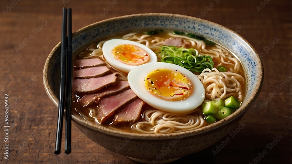 Delicious Japanese Ramen with chicken, Mushrooms, Eggs, noodles, meat in bowl Delicious Japanese Ramen with chicken, Mushrooms, Eggs, noodles, meat in bowl