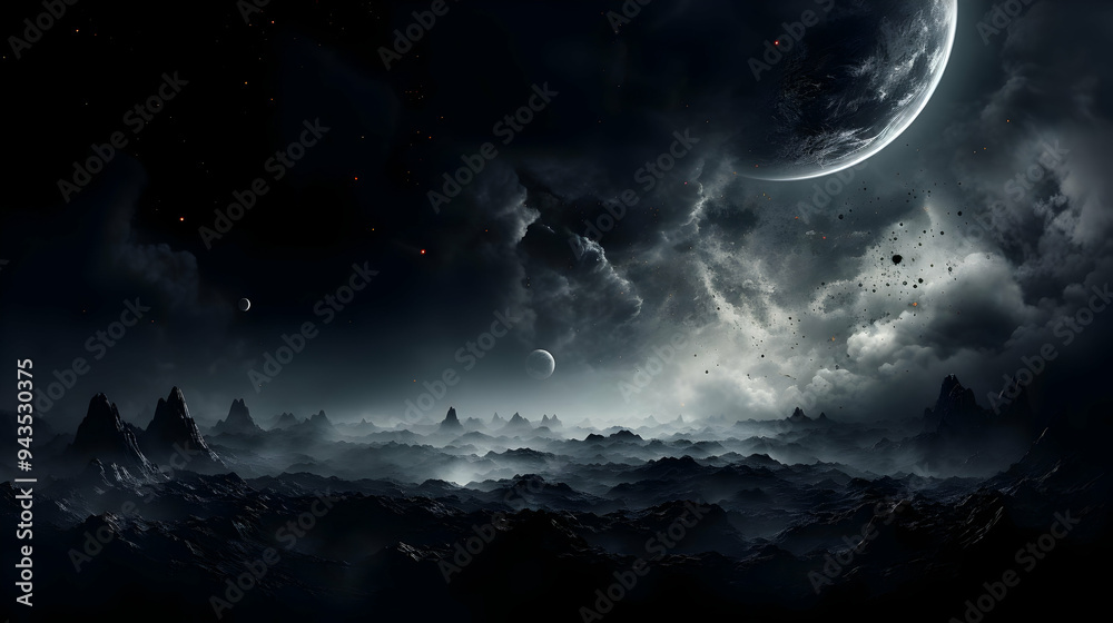 Dark Skies, Eerie Mountains, and a Distant World in a Foggy Landscape Dark Skies, Eerie Mountains, and a Distant World in a Foggy Landscape