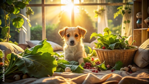 whimsical morning sunbeams filter through leafy greens highlighting furrowed brow perplexed puppy peering up from cozy bedlam amidst scattered toys and books