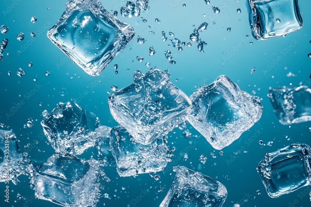 Crystal Clear Ice Cubes Floating in Sparkling Blue Water Crystal Clear Ice Cubes Floating in Sparkling Blue Water