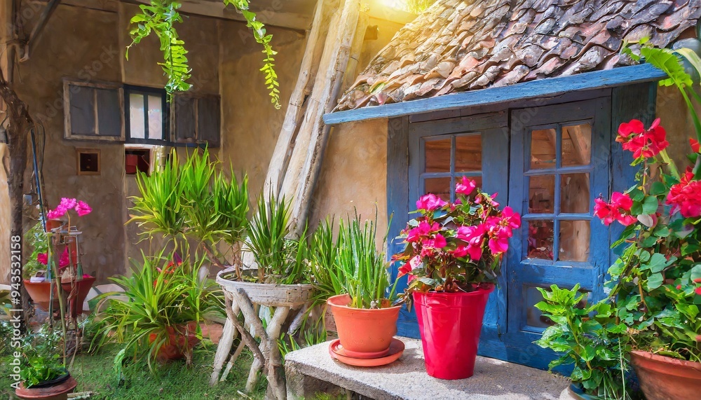 decoration house with flowerpot and flower in the a garden red and , blue door, blue window decoration house with flowerpot and flower in the a garden red and , blue door, blue window