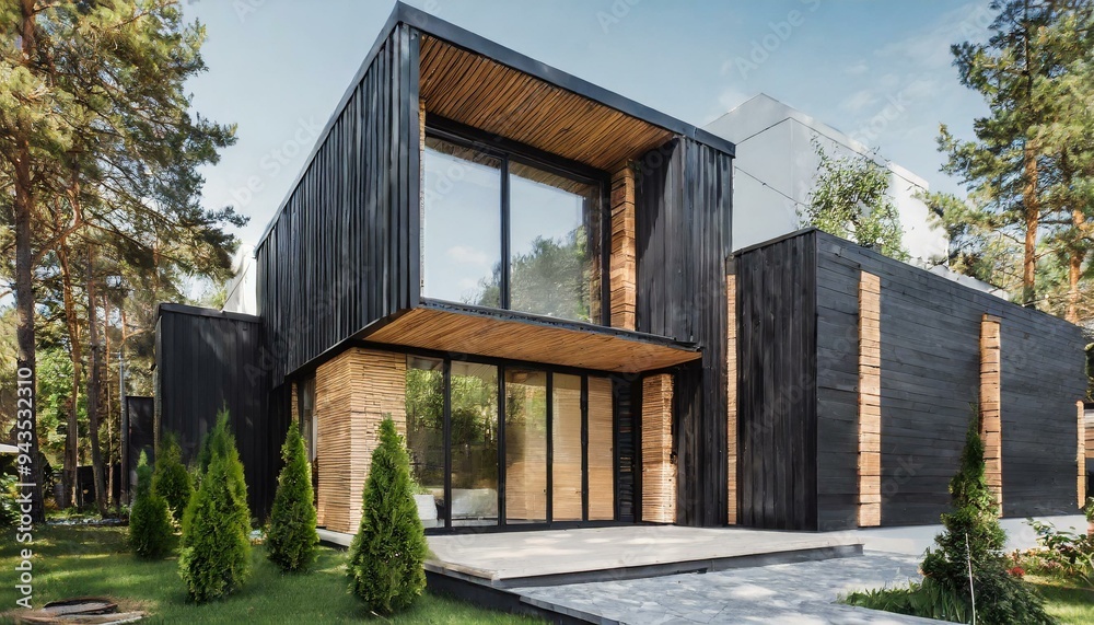 Modern luxury minimalist cubic house, villa with wooden cladding and black panel wall and landscaping design front door and yard. Residential architecture, glass window