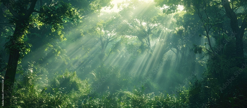 Obraz premium Sunlight filtering through the dense canopy to create a mesmerizing copy space image