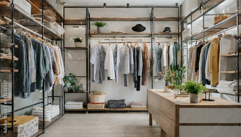 Modern minimalist men walk in wardrobe with clothes hanging on rod, shelves and drawers. Dressing room with space for storings and organizing accessorie. Interior design of luxury walk Modern minimalist men walk in wardrobe with clothes hanging on rod, shelves and drawers. Dressing room with space for storings and organizing accessorie. Interior design of luxury walk
