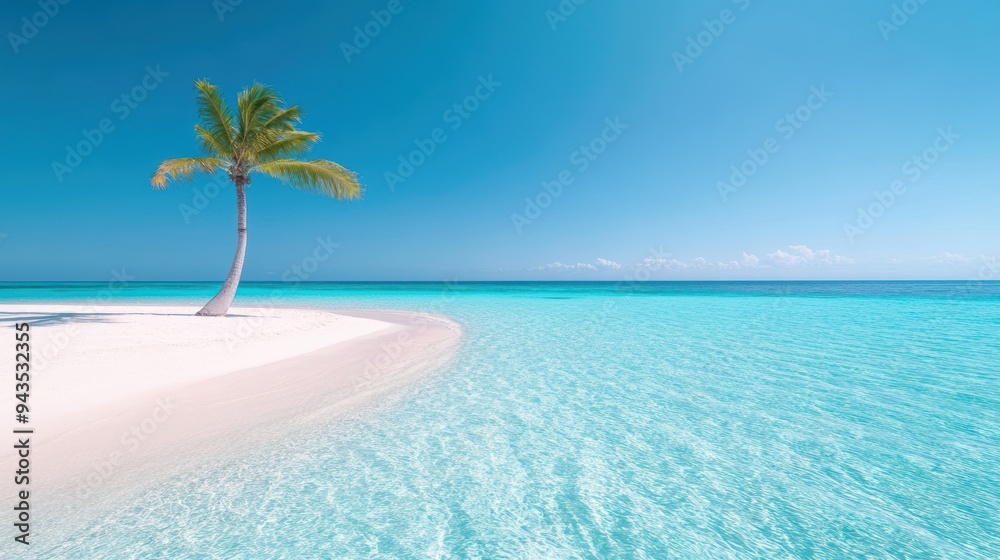 Naklejka premium A pristine tropical beach with white sand, crystal clear turquoise water, and swaying palm trees.