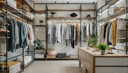 Modern minimalist men walk in wardrobe with clothes hanging on rod, shelves and drawers. Dressing room with space for storings and organizing accessorie. Interior design of luxury walk 