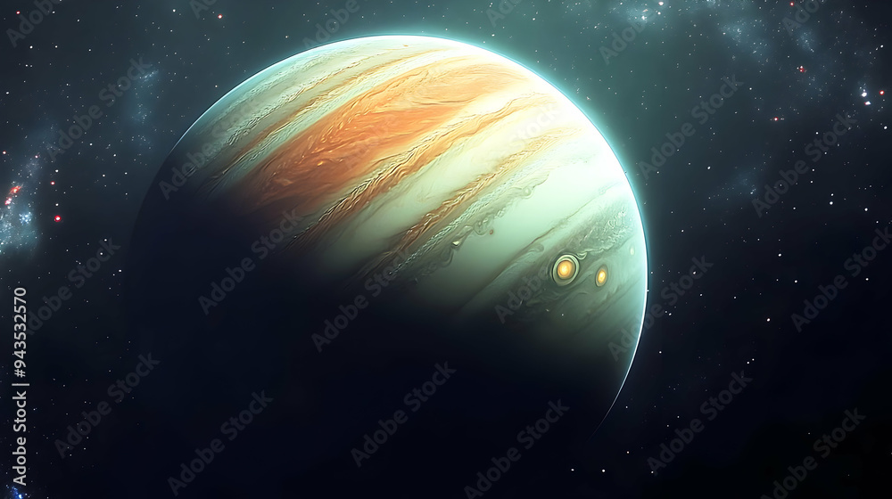 Naklejka premium A close-up view of a gas giant planet in space, with swirling clouds and a bright glow.