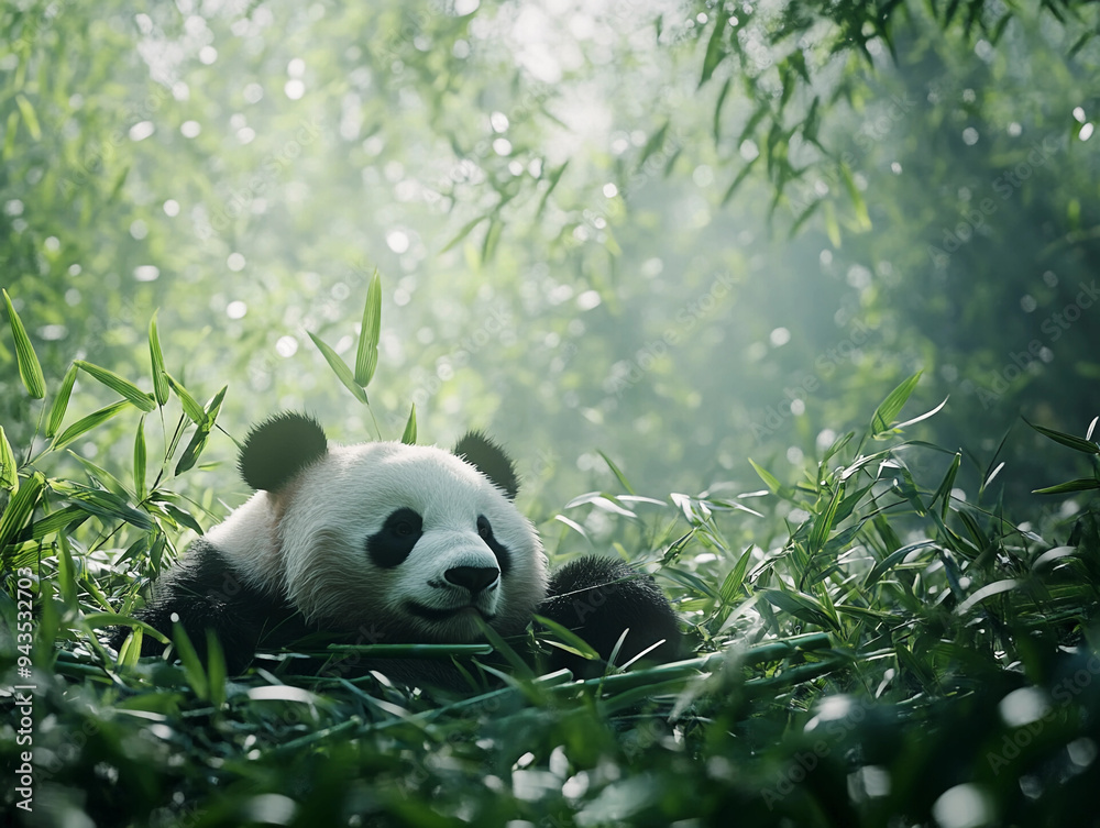 Fototapeta premium panda nibbling on bamboo in a lush, protected bamboo forest