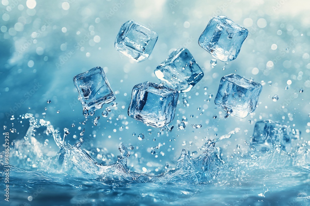 Crystal Clear Ice Cubes Floating in Sparkling Blue Water Crystal Clear Ice Cubes Floating in Sparkling Blue Water