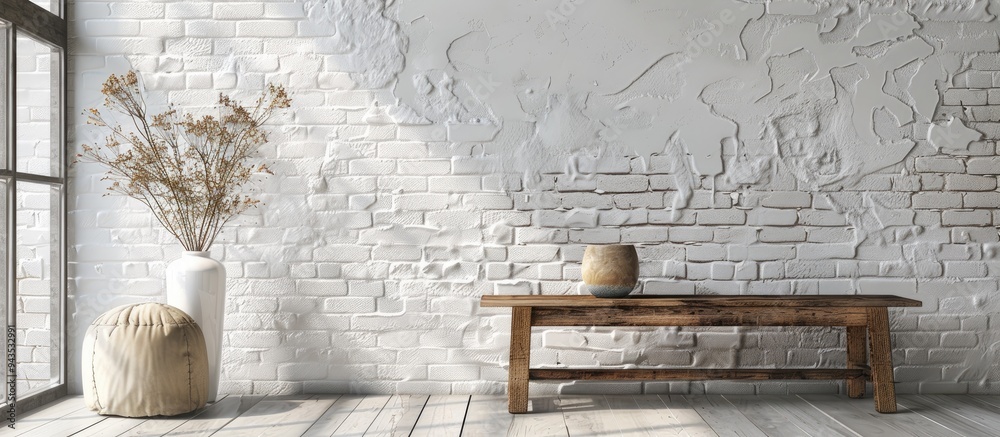 Table with vase and pouf beside white brick wall featuring copy space image Table with vase and pouf beside white brick wall featuring copy space image