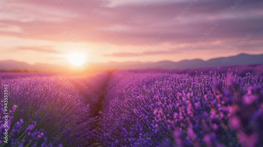Naklejka premium Scenic view of a lavender field at sunset