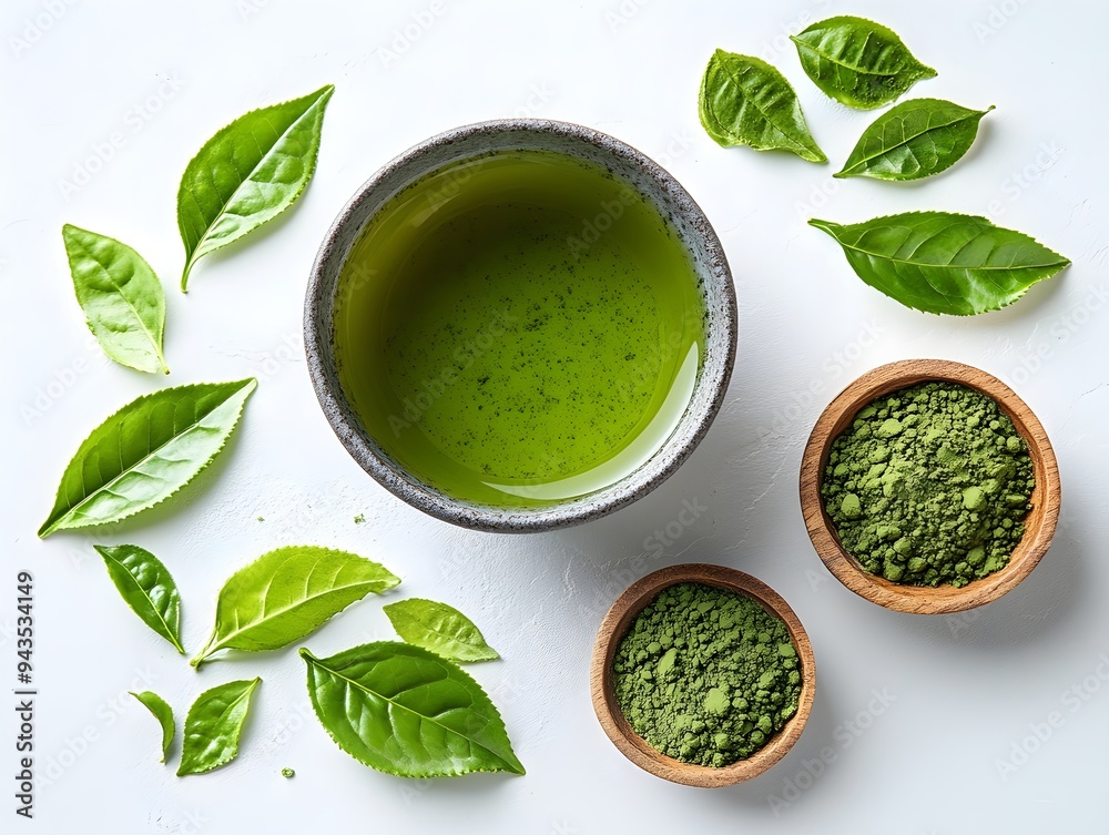 Matcha Tea Presentation in White Bowl - Fresh Green Leaves for Japanese Tea Ceremony and Delicious Culinary Experience Matcha Tea Presentation in White Bowl - Fresh Green Leaves for Japanese Tea Ceremony and Delicious Culinary Experience