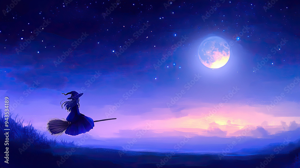 Silhouette witch flying towards the moon, night time landscape painting or drawing for Halloween, children's stories or poster Silhouette witch flying towards the moon, night time landscape painting or drawing for Halloween, children's stories or poster