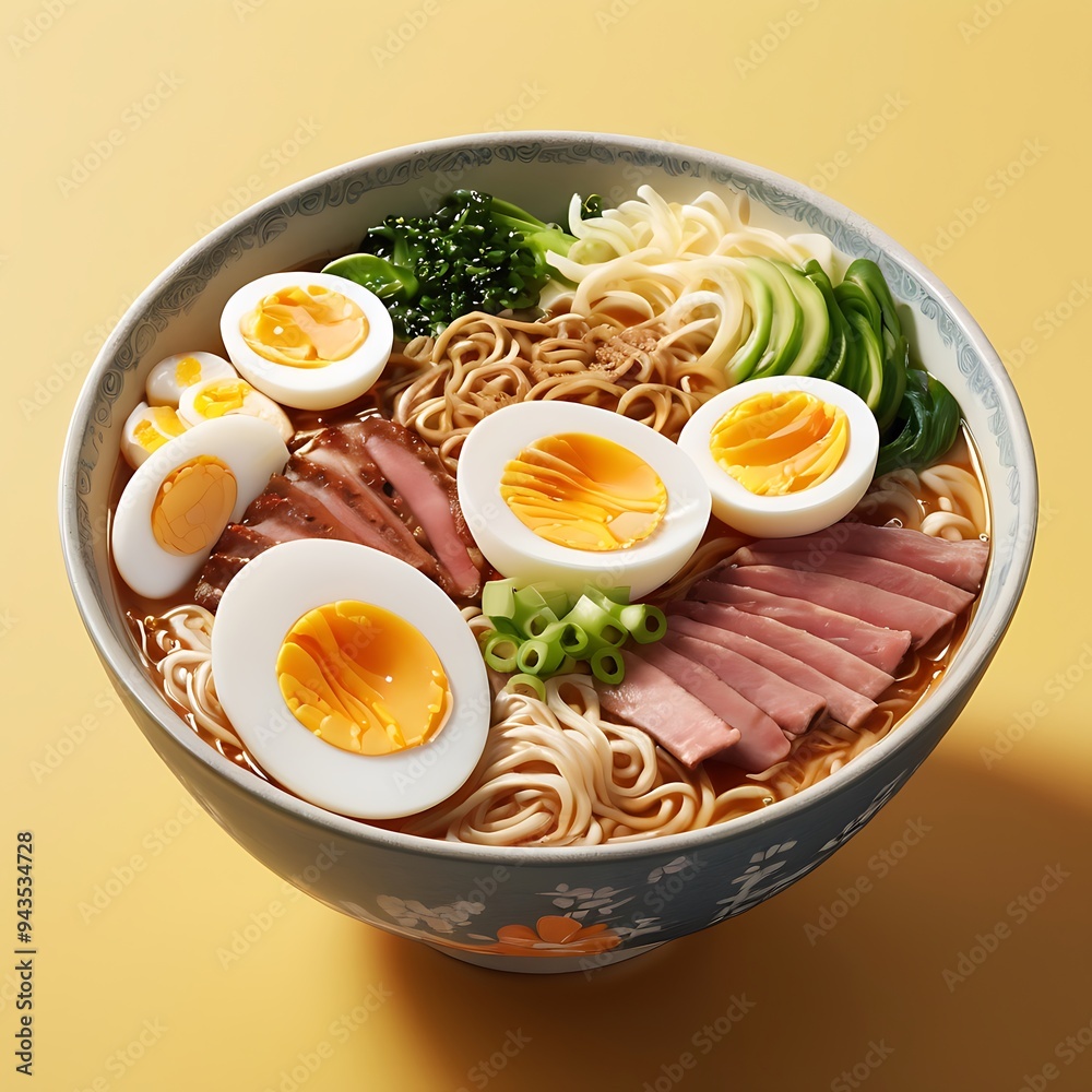 Delicious Japanese Ramen with chicken, Mushrooms, Eggs, noodles, meat in bowl Delicious Japanese Ramen with chicken, Mushrooms, Eggs, noodles, meat in bowl