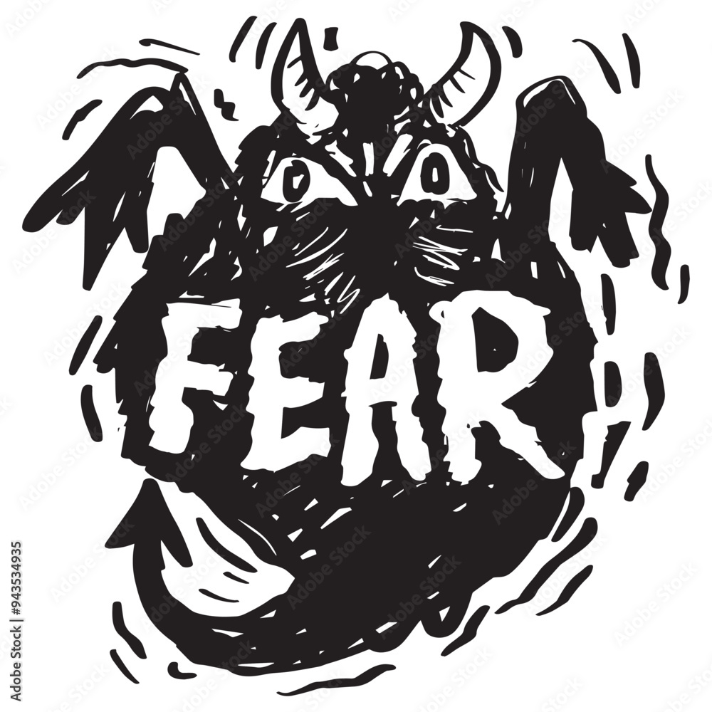 Vector illustration of a demon on a black background with the text fear. Vector illustration of a demon on a black background with the text fear.