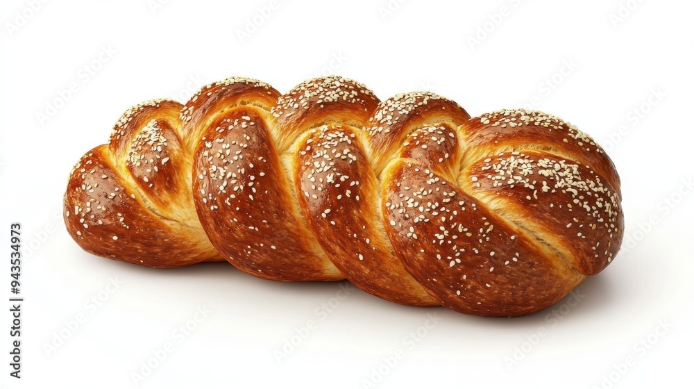 A loaf of challah bread with sesame seeds, bakery element, realistic style, braided and golden, isolated on white background A loaf of challah bread with sesame seeds, bakery element, realistic style, braided and golden, isolated on white background