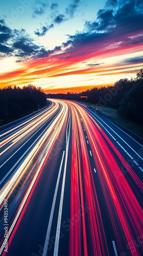 Highway with long exposure lights, car light trails on the highway at sunset, fast-moving cars and traffic in motion blur on the motorway