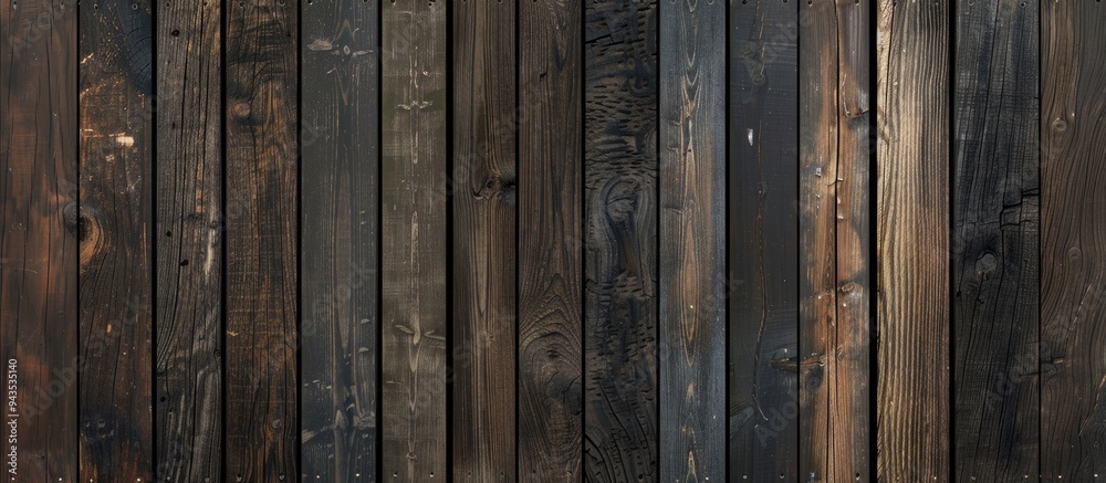 Fototapeta premium A processed collage of aged dark brown wooden planks provided as a background for banners or textures with available copy space image
