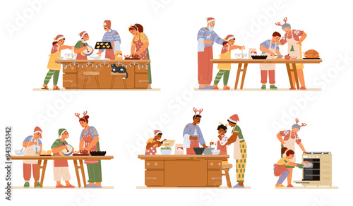 Different families in Christmas outfits preparing food for Christmas dinner vector illustrations set. Baking pies, cookies, turkey, making salad.