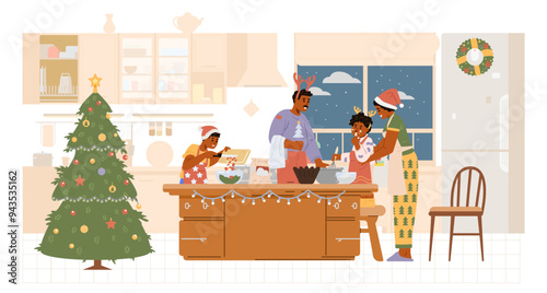 African American family in Santa hats and antlers making Christmas dinner in the kitchen flat vector illustration. Parents with children preparing for Christmas celebration. 
