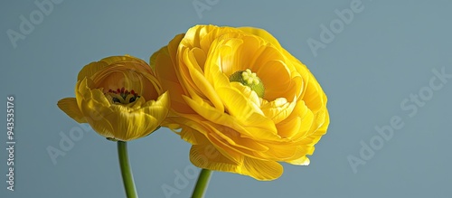 Close up of a caustic Buttercup Ranunculus acris with yellow spring blooms against a plain background for copy space image photo