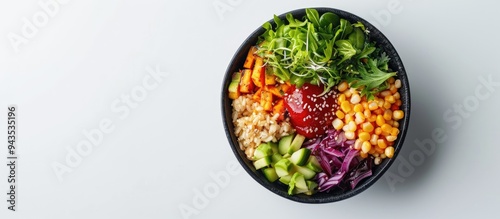 A poke bowl placed against a blank white background for a copy space image photo