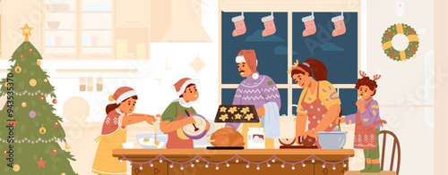 Happy family in Santa hats making food for Christmas dinner in the kitchen flat vector illustration. Parents with three children preparing for Christmas celebration. 