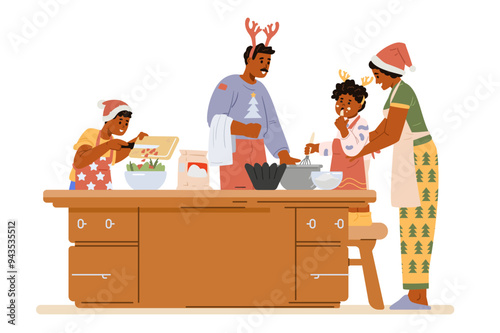 African American family in Santa hats and antlers making Christmas dinner in the kitchen flat vector illustration isolated on white. Parents with children preparing for Christmas celebration. 