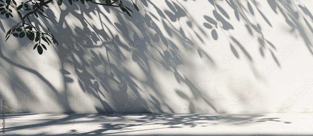 Leaves shadows gently fall on a blank wall creating a stylish copy space image suitable for decorative purposes Leaves shadows gently fall on a blank wall creating a stylish copy space image suitable for decorative purposes
