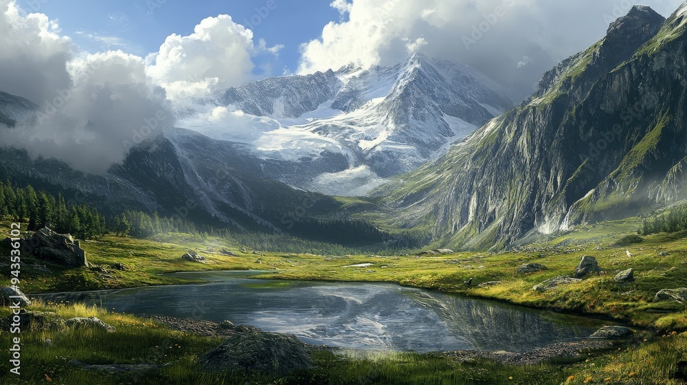 Fototapeta premium Serene mountain landscape with a tranquil lake and lush greenery