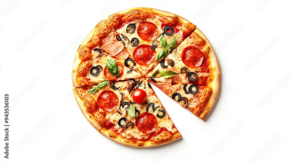 A pizza with various toppings, food element, flat design, vibrant and appetizing, isolated on white background A pizza with various toppings, food element, flat design, vibrant and appetizing, isolated on white background